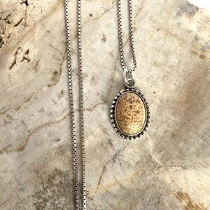 Sterling Silver 925 Oval Jasper Natural Stone Pendant Necklace 16" Box Chain